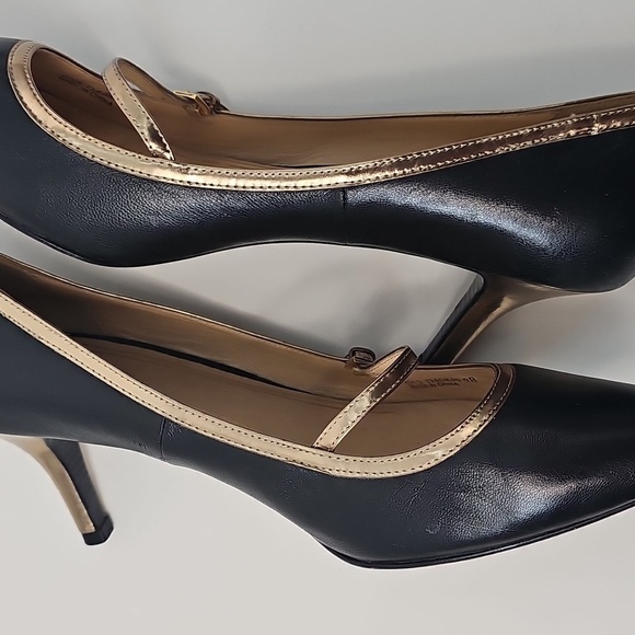 Cole Haan Black w Gold Trim Mary Jane Pointed Toe Pumps W Gold Heels Size: 9M - Picture 13 of 15